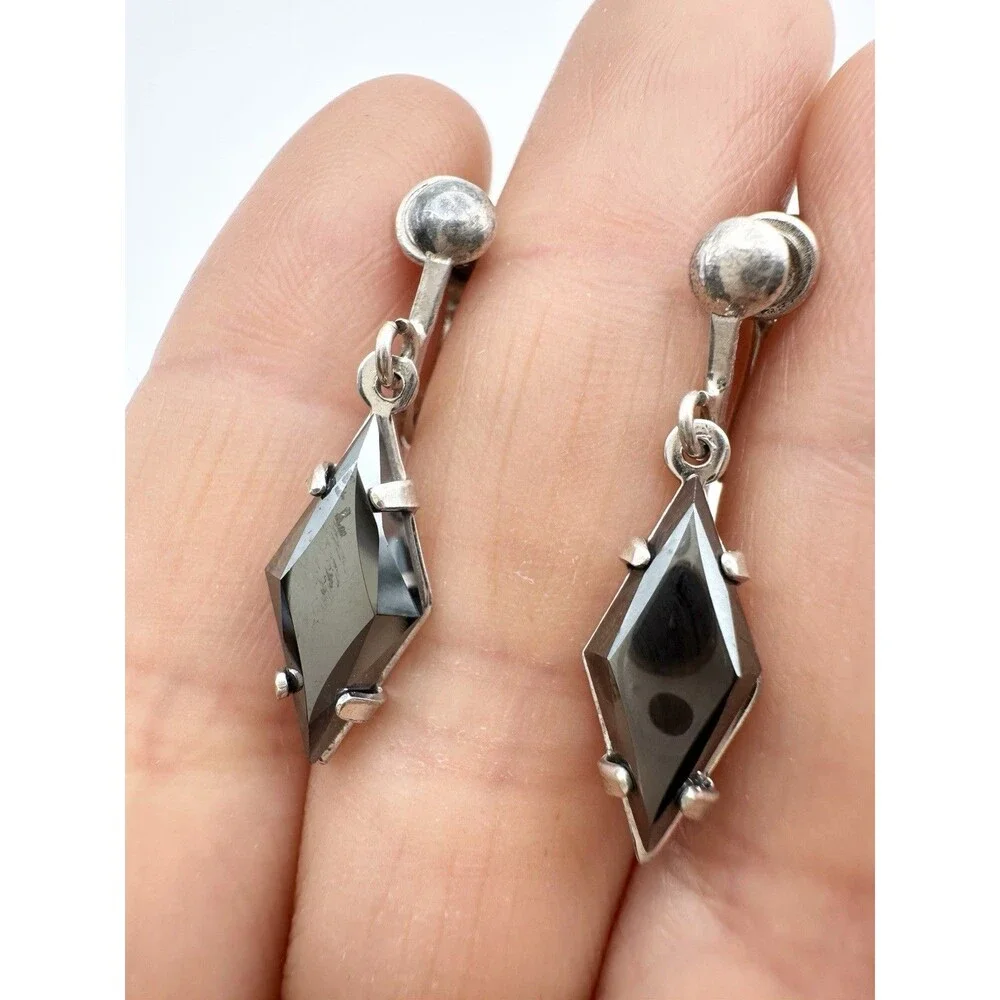 Vintage Sterling Silver Hematite Earrings Diamond Shape Screw Back